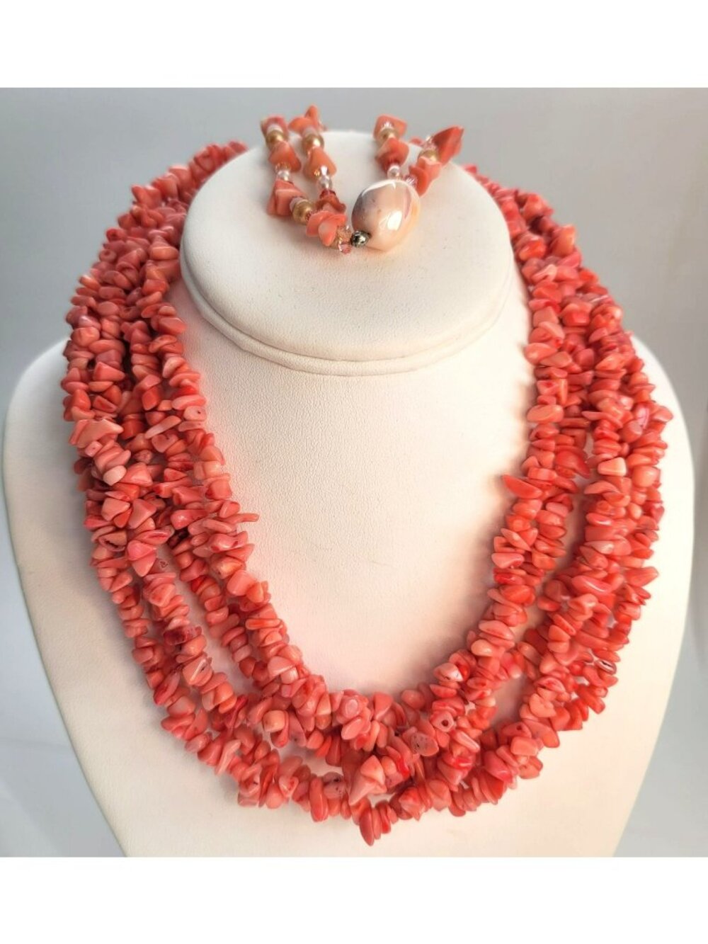 Coral Chip Stone Necklace and Bracelet Colored Dyed Set 6-Strand Hawaiian DH800